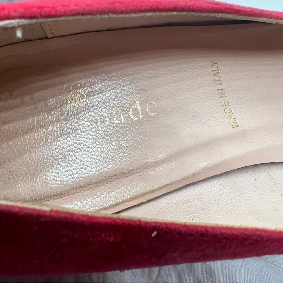 Kate Spade New York - Red Leather Suede Gold Metal Logo Bow Block Heel Pump 7 - Picture 5 of 9